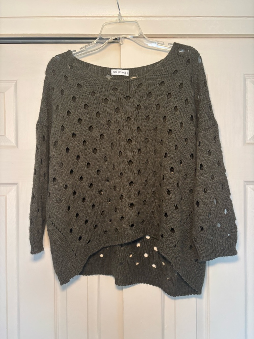 Olive Eyelet Open-Knit Crewneck Sweater - Comfortable Casual Layering